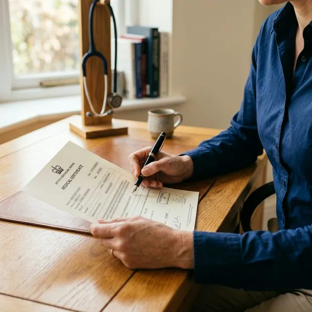 Doctor holding a medical certificate or fit note on a wooden desk