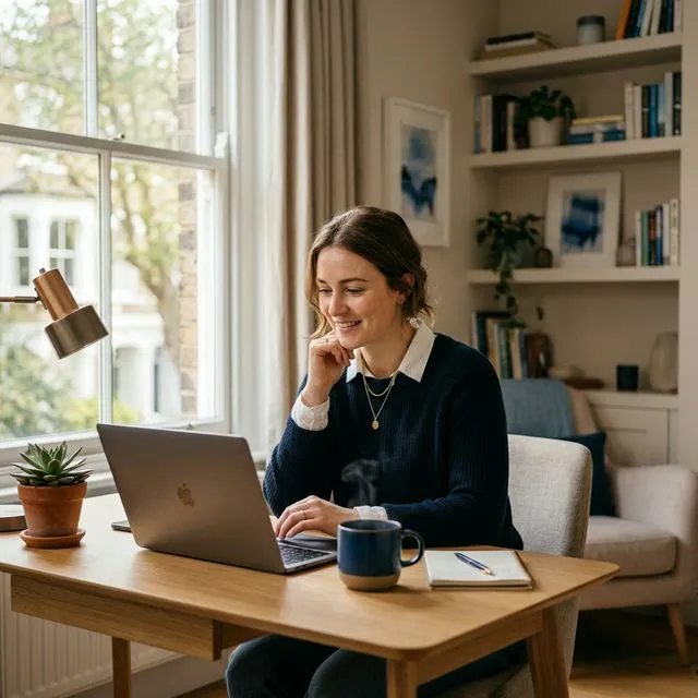 Young professional woman working from home office, UK