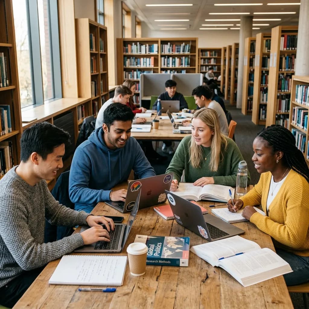 University students studying together in a modern UK university library