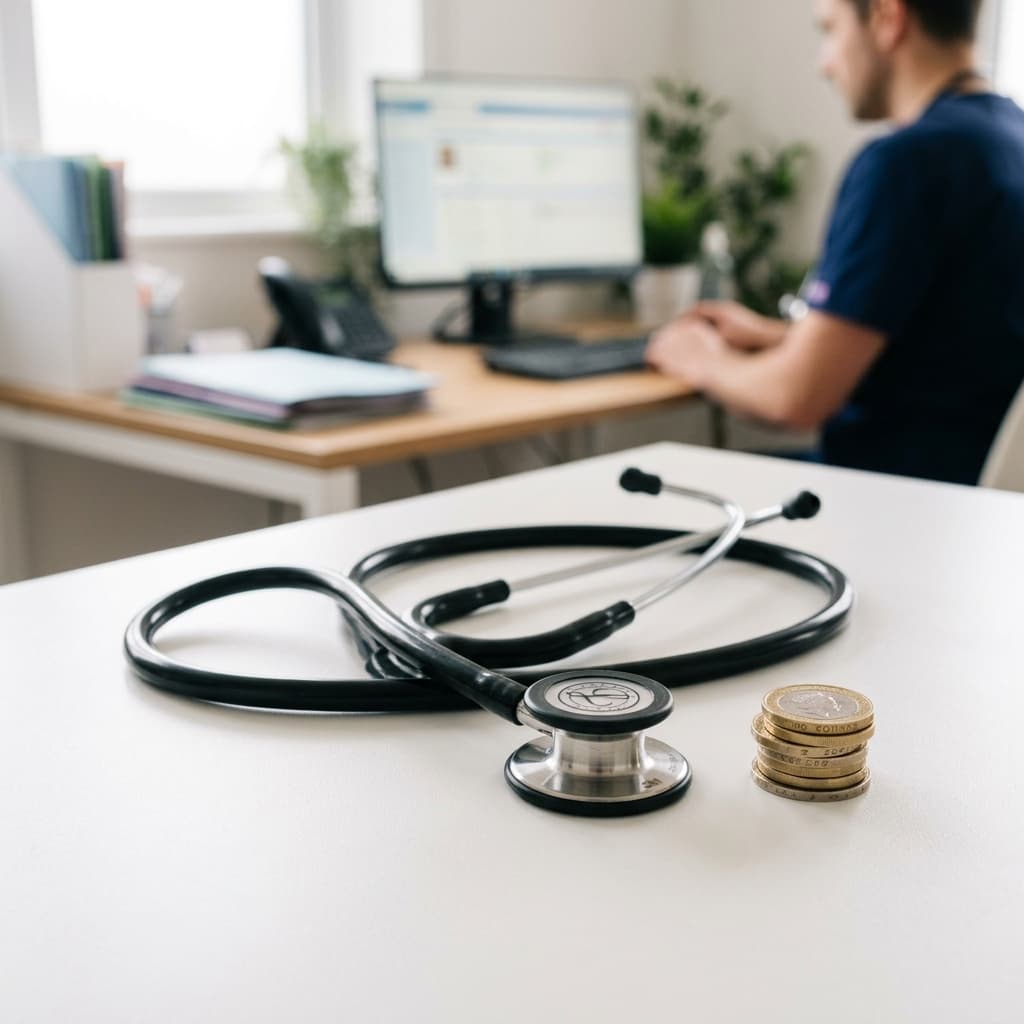 Illustrated DoctorCert guide cover about sick note cost in the UK.