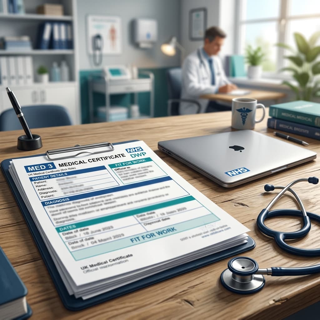 Illustrated DoctorCert guide cover explaining what a UK sick note or fit note looks like.